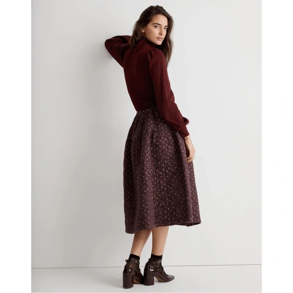 Madewell Quilted Crinkle Floral Midi Skirt - Brown Chocolate Raisin - Picture 4 of 8